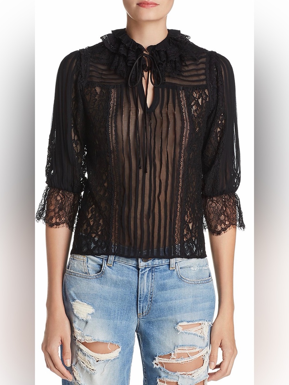 Alice + Olivia Paulette Pintuck Lace-Inset Top